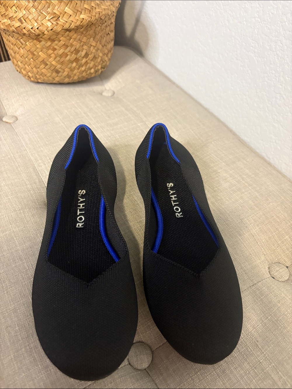 Rothy's Black Knit Slip-On Loafers with Blue Interior Trim 7.5